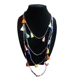 NECKLACE BEADED TASSEL MULTICOLORED 4 LAYERS BOBO CHIC 25"LOBSTER CLOSURE